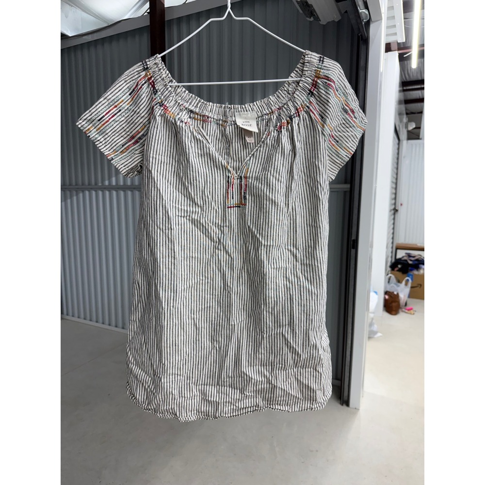 Knox Rose Striped Boho Peasant Top Embroidered Short Sleeve White Black XS